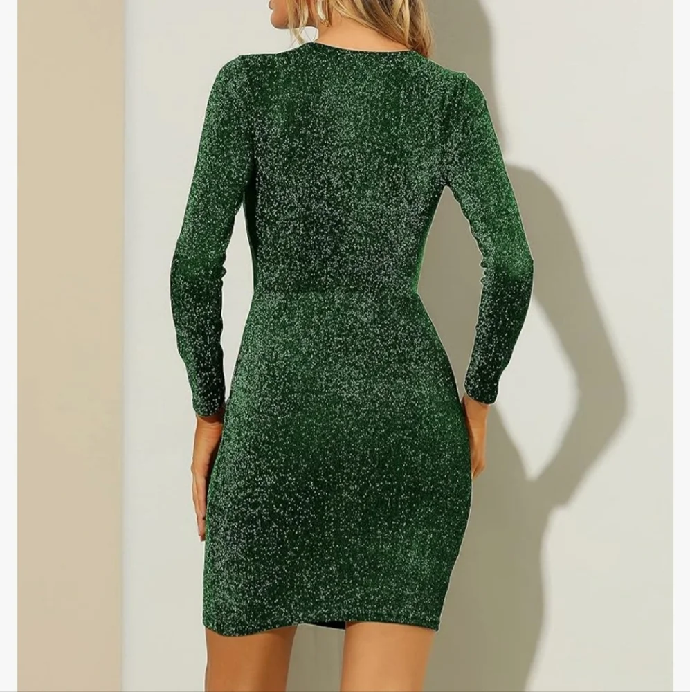 Women Sexy Party Dress V Neck Long Sleeve Stretchy Sparkle Glitter Bodycon Dress - Picture 2 of 10